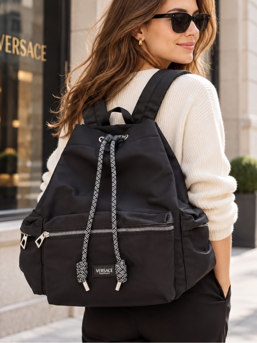 Versace Black Nylon Backpack with Braided Drawcords
